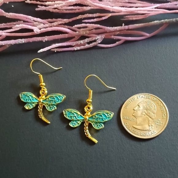 Beautiful Turquoise And Gold Dragonfly Handmade Earrings - Picture 3 of 3